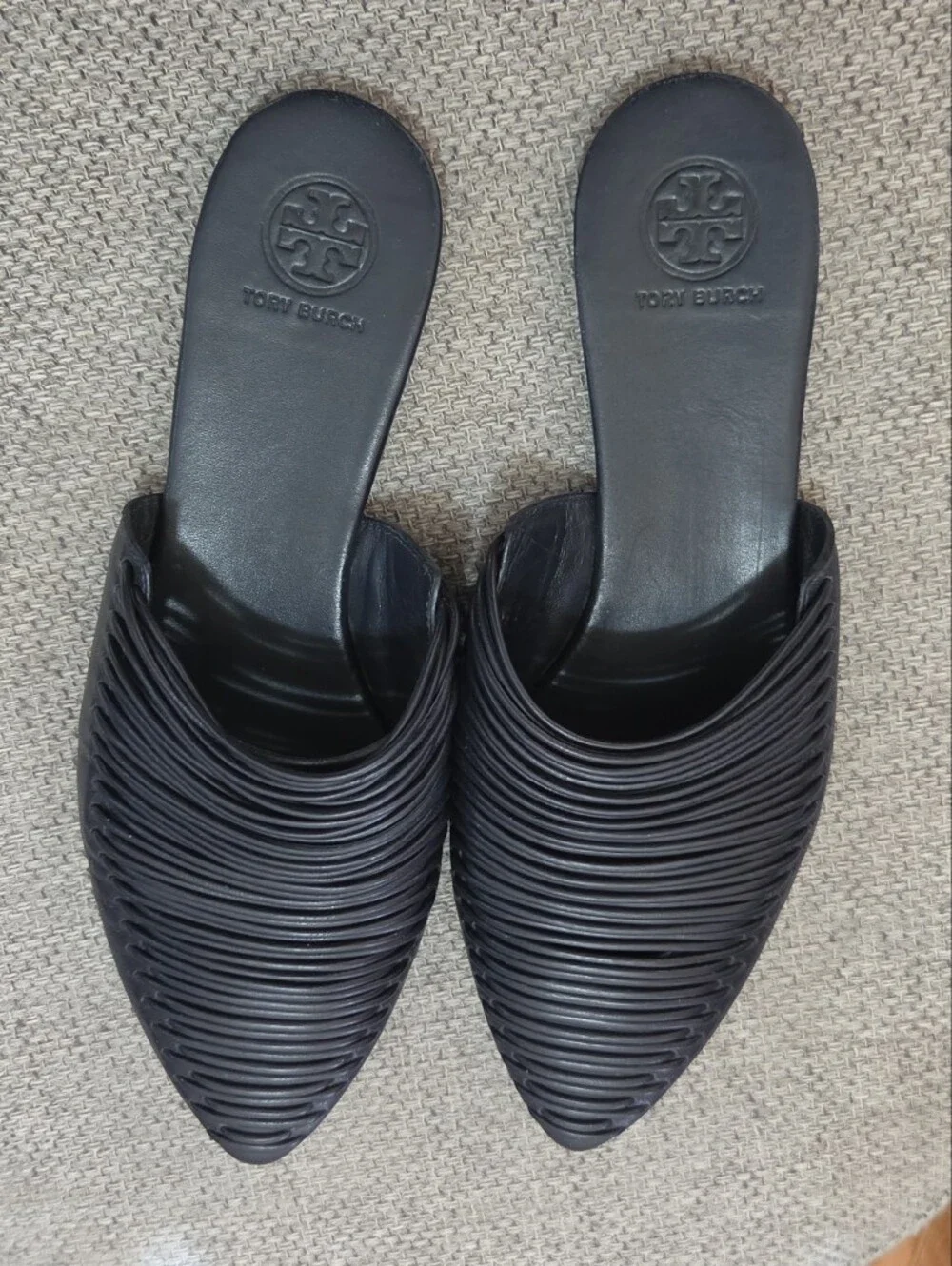 Tory Burch Sienna Black Leather Pointed Toe Woven Flat Slide Mules Size 7M